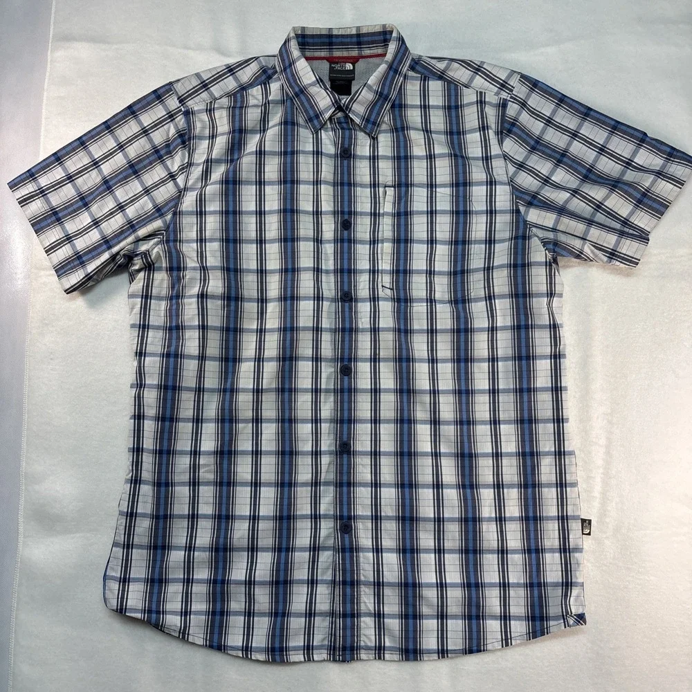 The North Face‎ Breathable Button Up Short Sleeve Shirt Blue And White- Large